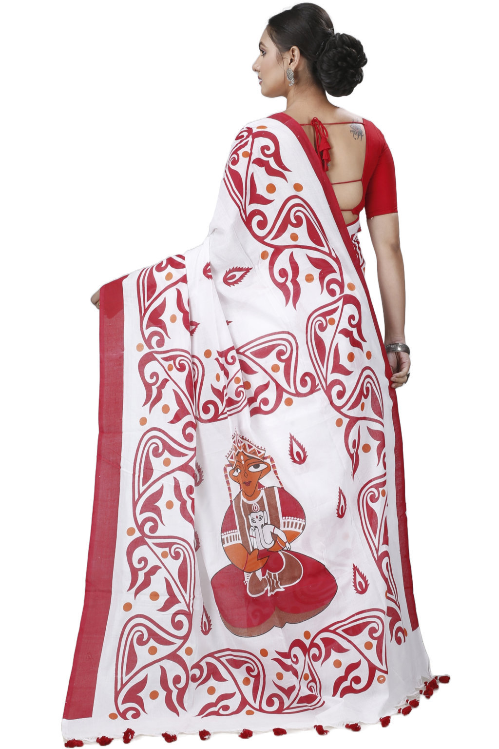 Red White Pure Cotton Teba Printed Handloom Saree (1262)