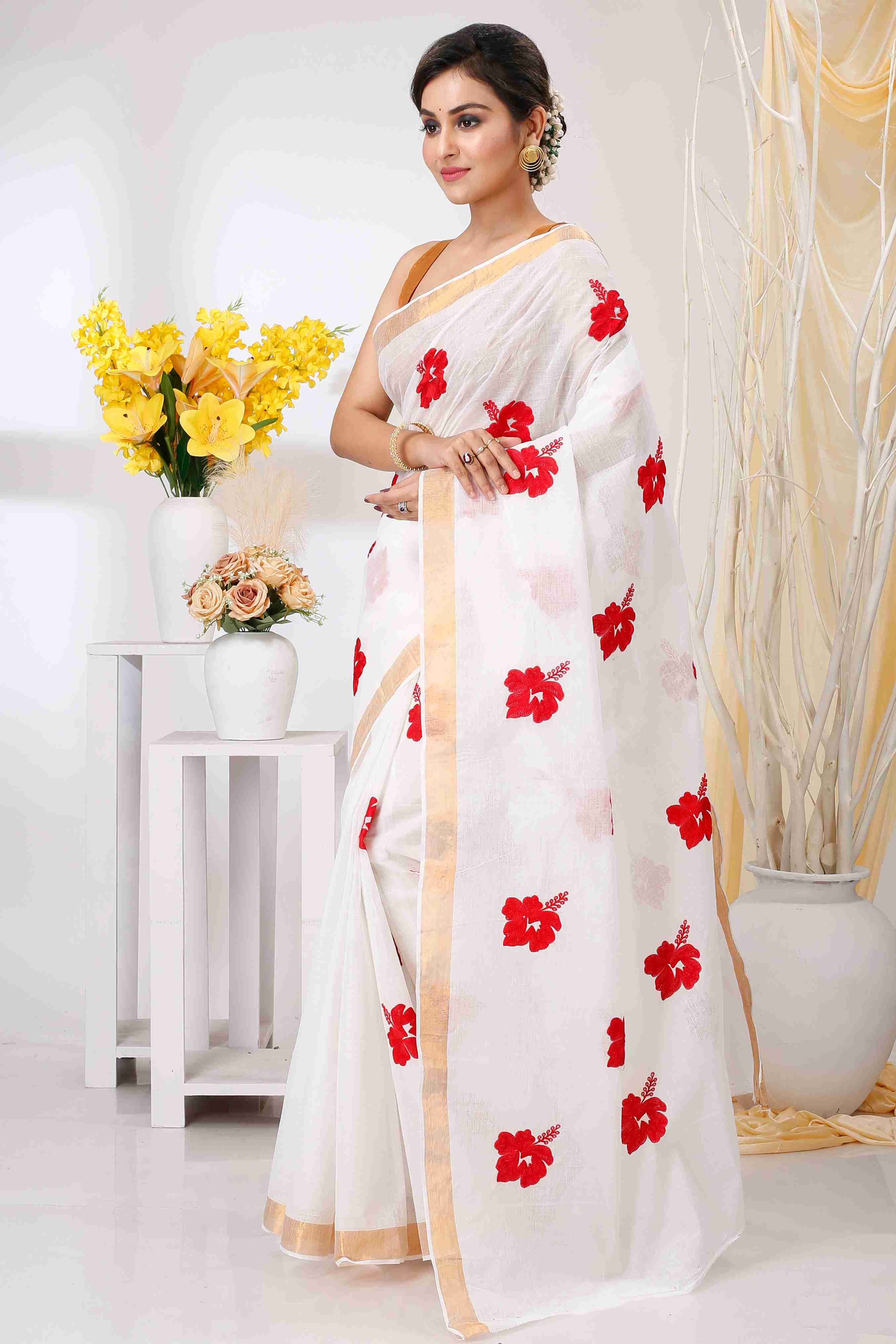 White Golden Pure Cotton Leo Tant Embroidery (1436)