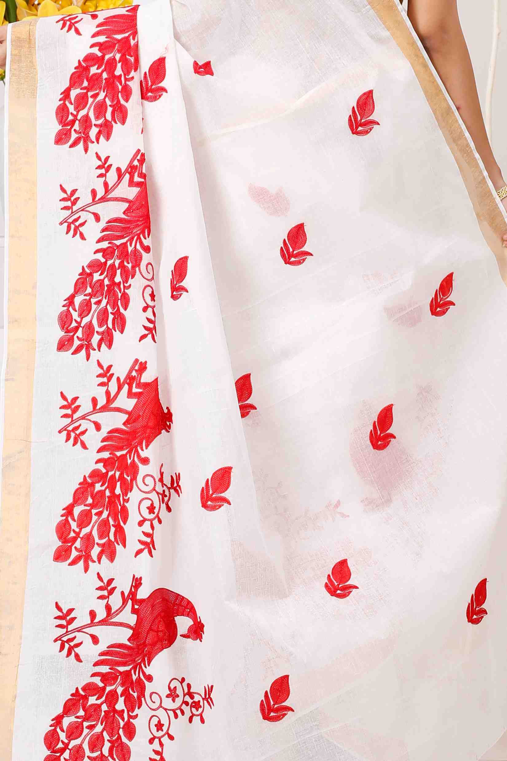 White Red Pure Cotton Leo Tant Embroidery (1437)