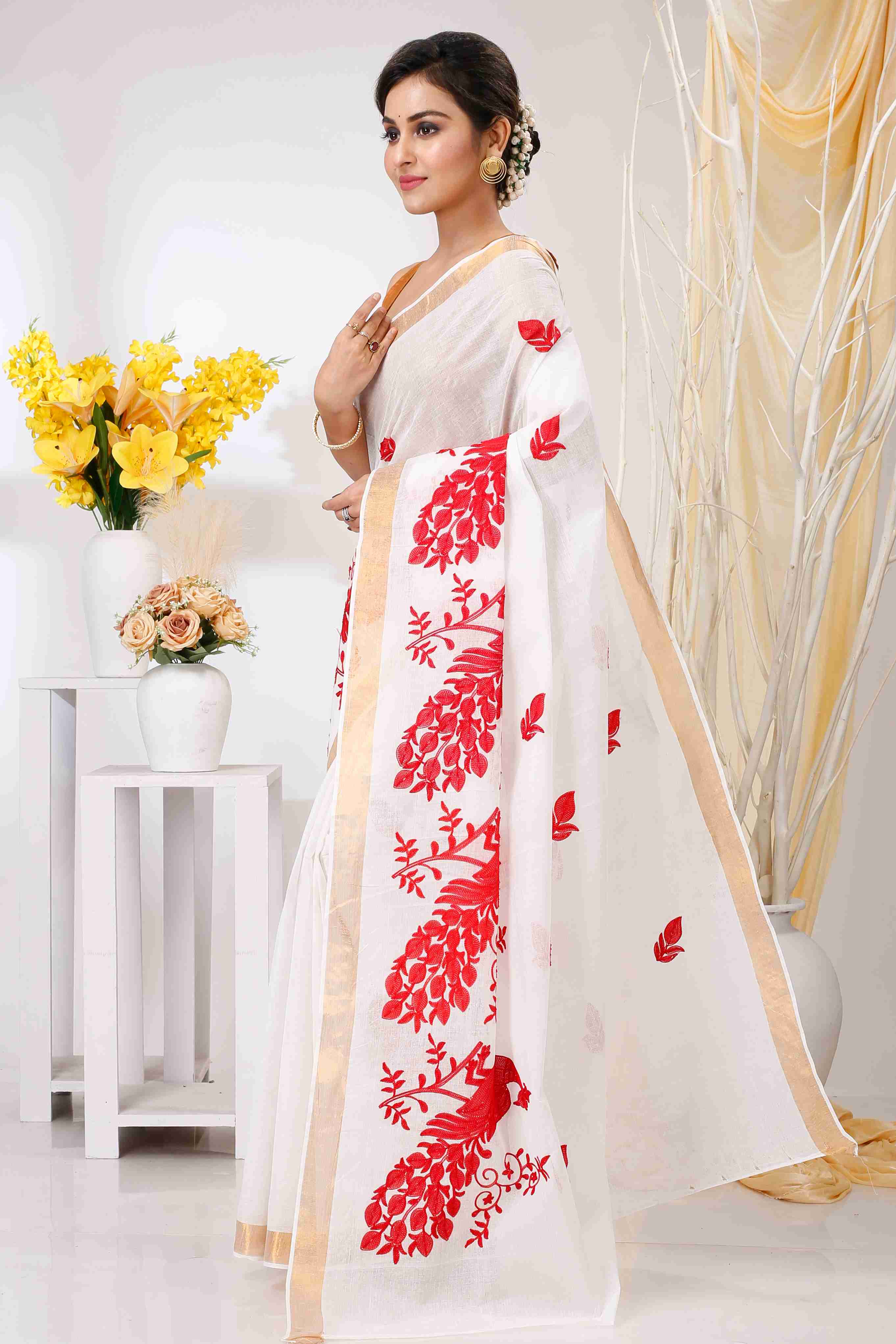 White Red Pure Cotton Leo Tant Embroidery (1437)