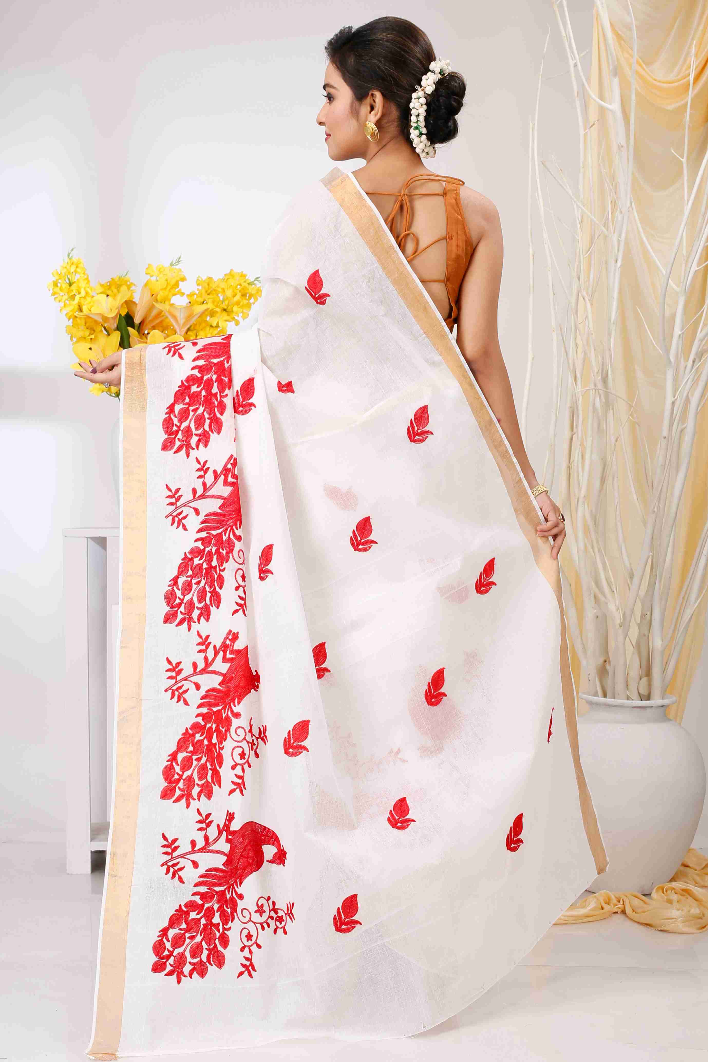 White Red Pure Cotton Leo Tant Embroidery (1437)