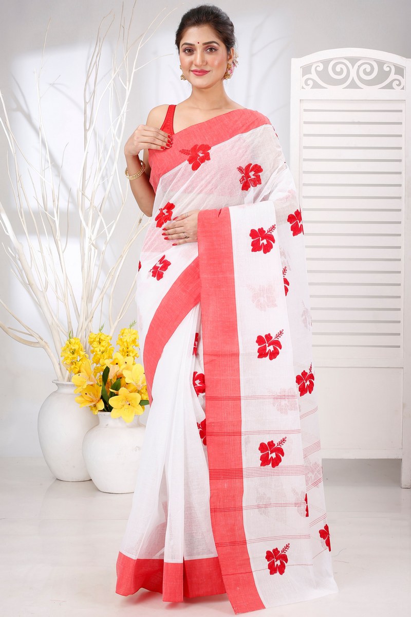 White Red Pure Cotton Embi Elu Joba Tant Embroidery (1473)