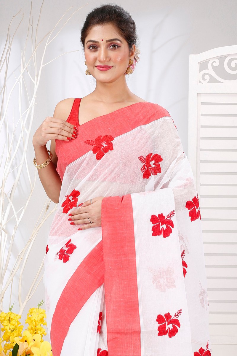 White Red Pure Cotton Embi Elu Joba Tant Embroidery (1473)