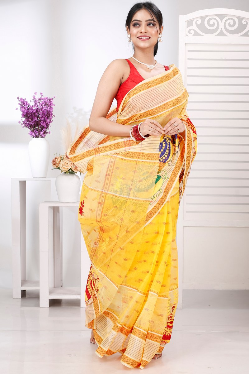 Yellow Pure Cotton Embi Debdash Ghot Tant Embroidery (1498)