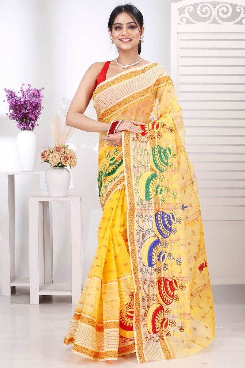 Yellow Pure Cotton Embi Debdash Ghot Tant Embroidery (1498)