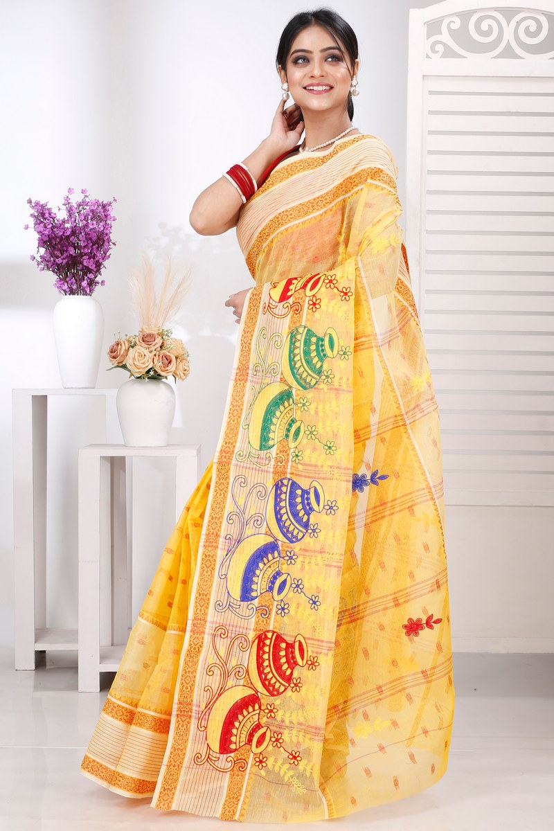 Yellow Pure Cotton Embi Debdash Ghot Tant Embroidery (1498)