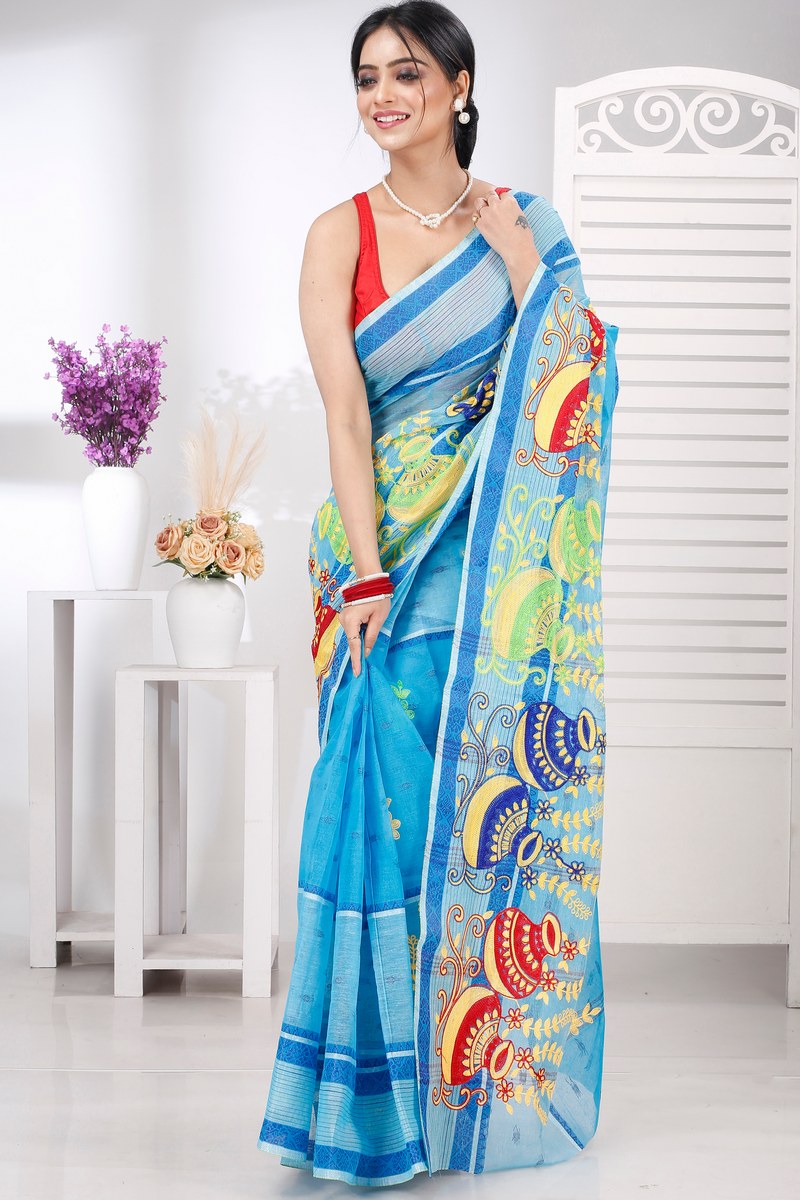 Sky Blue Pure Cotton Embi Debdash Ghot Tant Embroidery (1499)