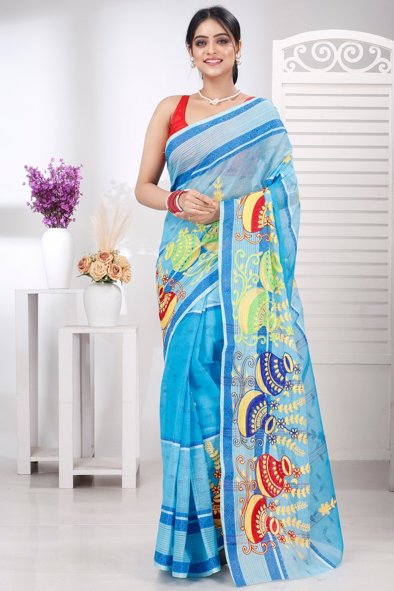 Sky Blue Pure Cotton Embi Debdash Ghot Tant Embroidery (1499)