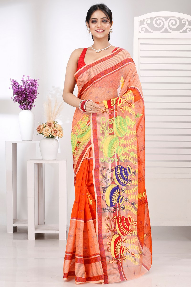 Orange Pure Cotton Embi Debdash Ghot Tant Embroidery (1500)