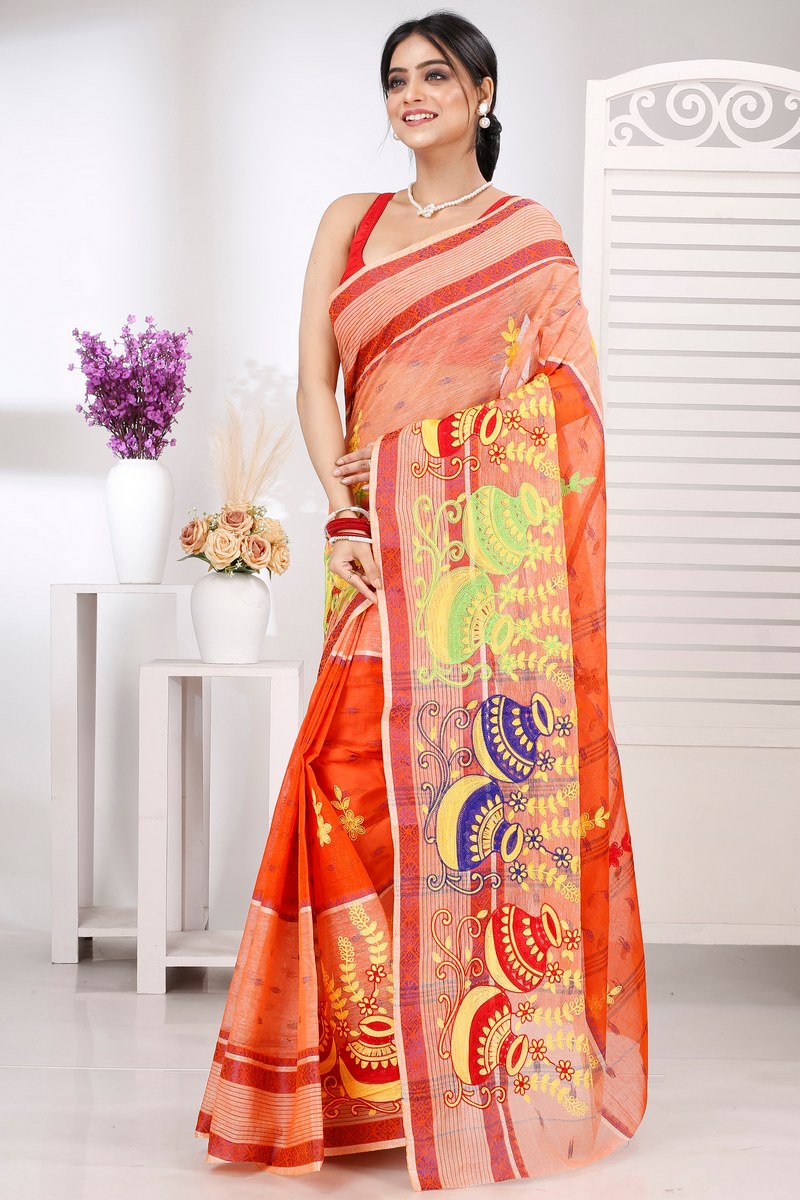 Orange Pure Cotton Embi Debdash Ghot Tant Embroidery (1500)