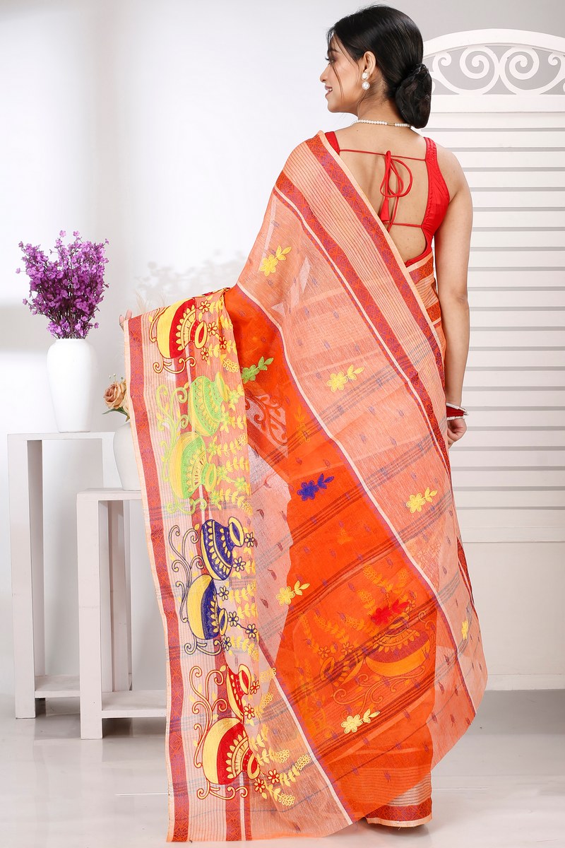 Orange Pure Cotton Embi Debdash Ghot Tant Embroidery (1500)