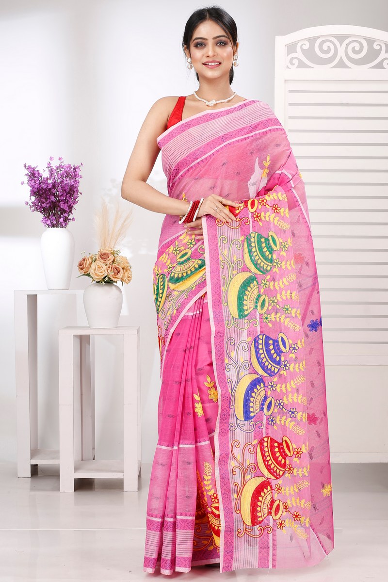 Pink Pure Cotton Embi Debdash Ghot Tant Embroidery (1501)