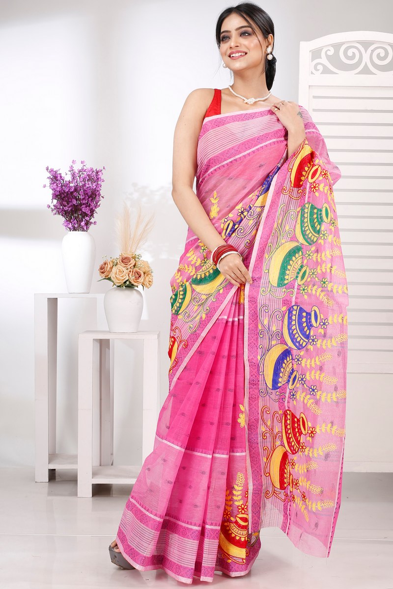 Pink Pure Cotton Embi Debdash Ghot Tant Embroidery (1501)