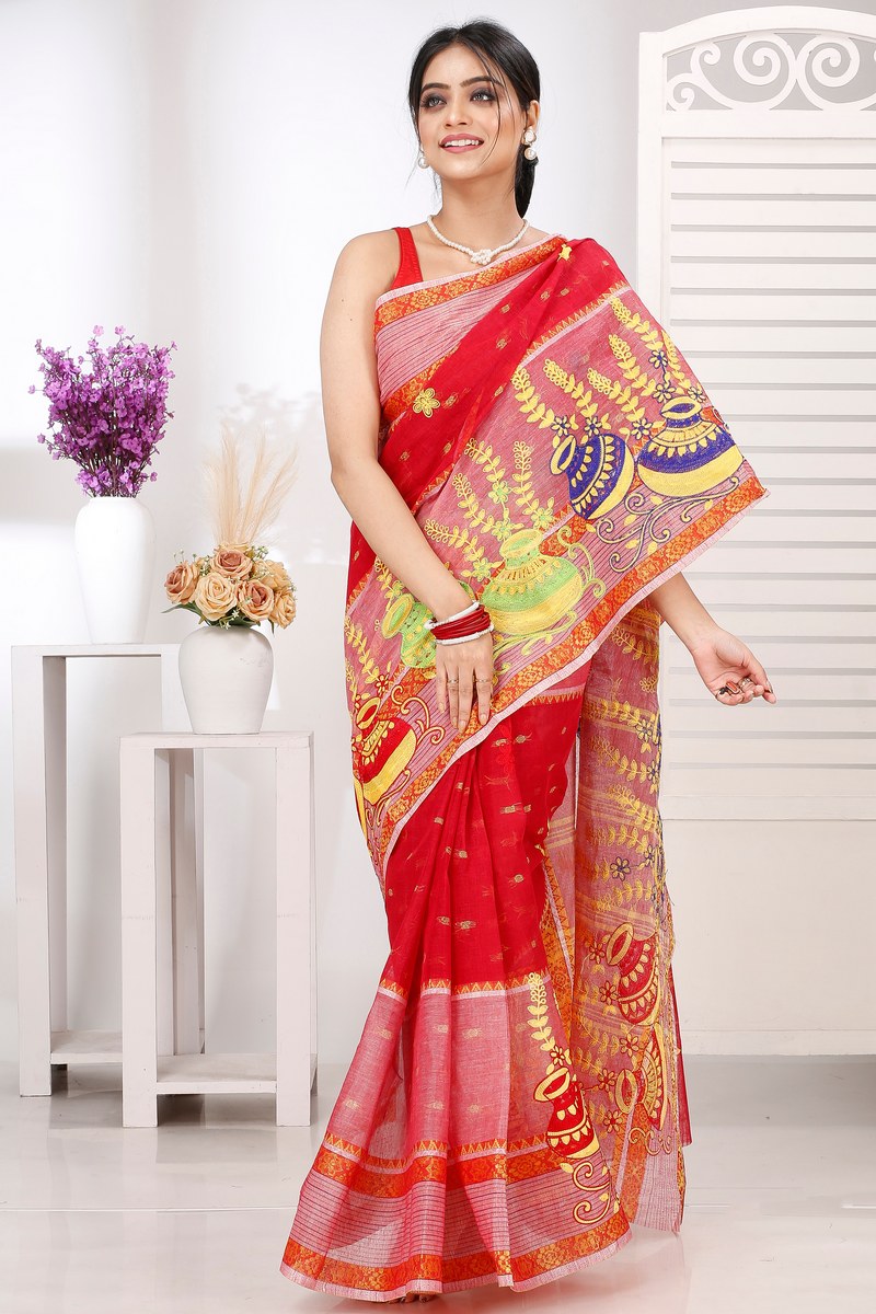 Red Pure Cotton Embi Debdash Ghot Tant Embroidery (1502)