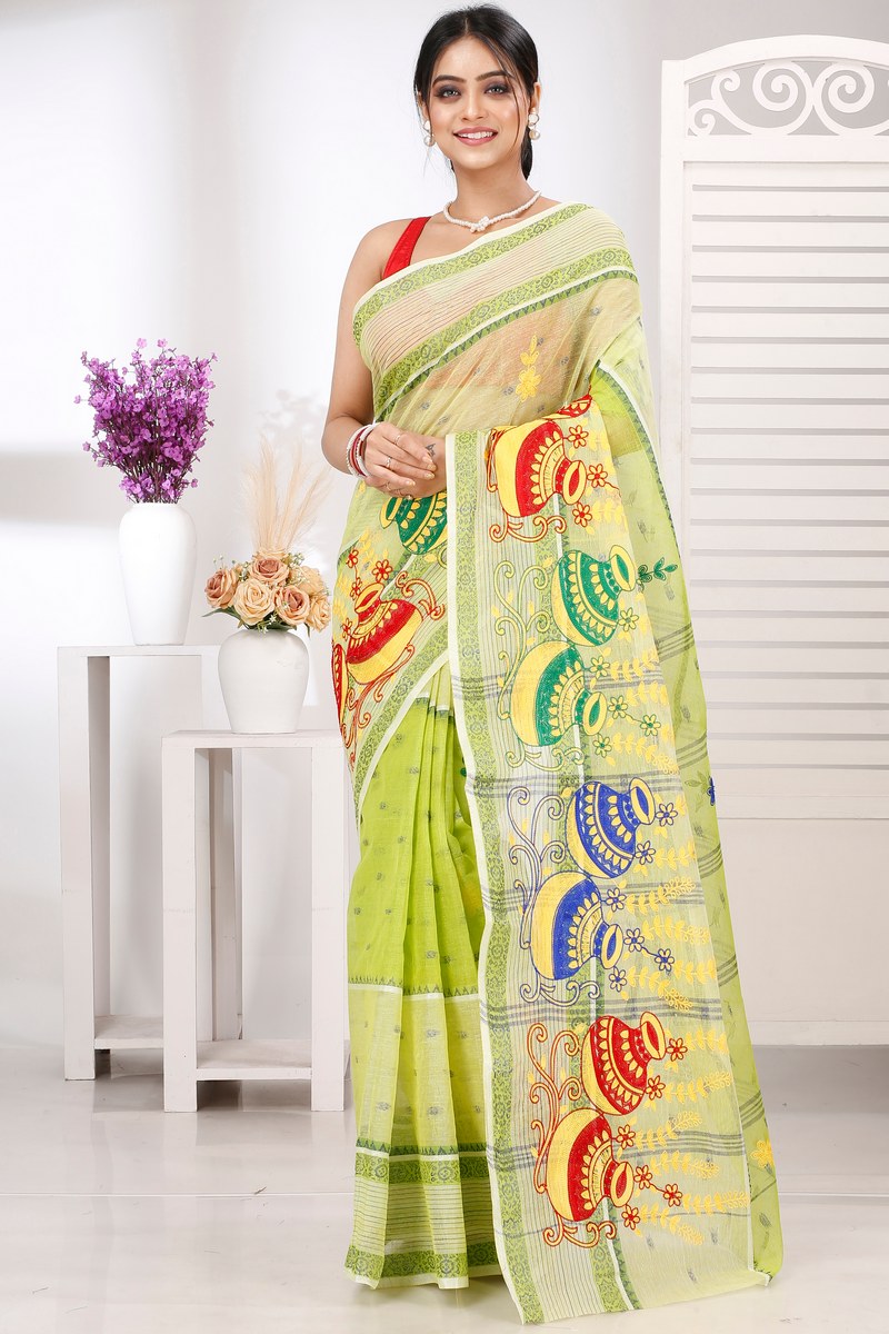 Lime Green Pure Cotton Embi Debdash Ghot Tant Embroidery (1503)