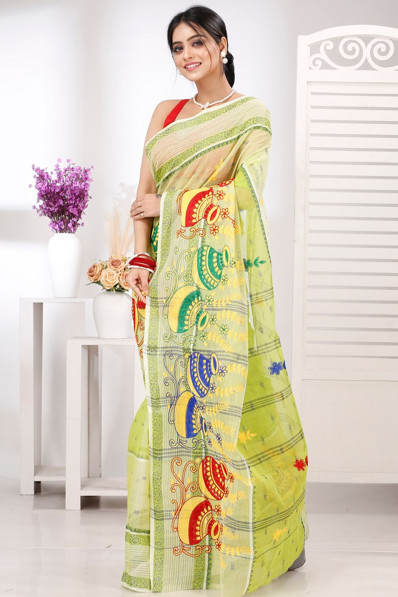 Lime Green Pure Cotton Embi Debdash Ghot Tant Embroidery (1503)