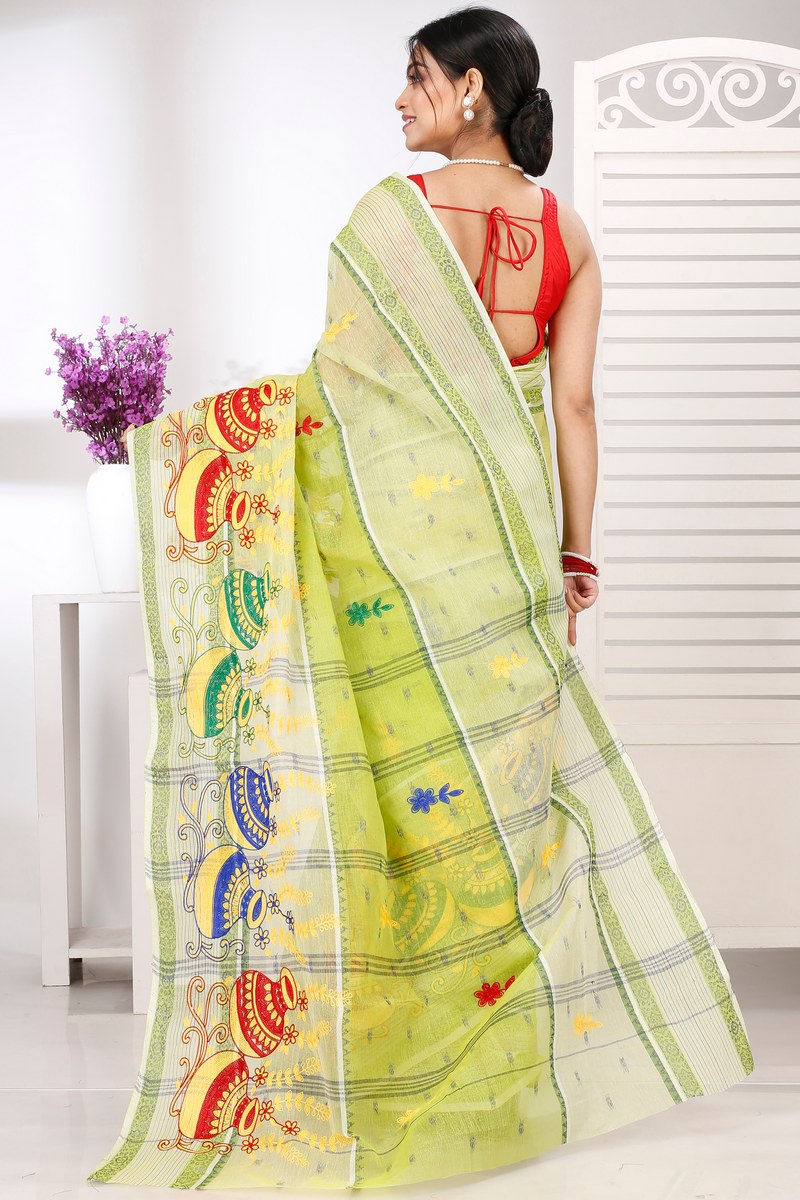 Lime Green Pure Cotton Embi Debdash Ghot Tant Embroidery (1503)