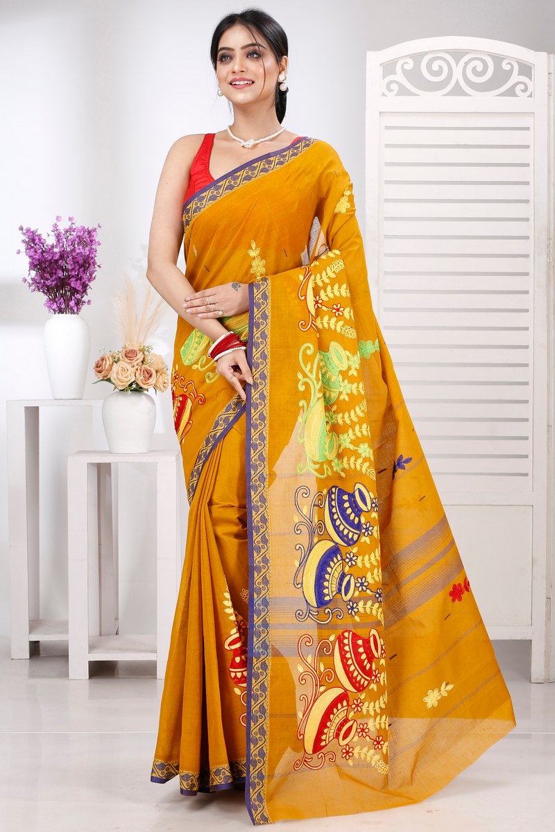 Mustard Yellow Pure Cotton Embi Gaela Ghot Tant Embroidery (1504)