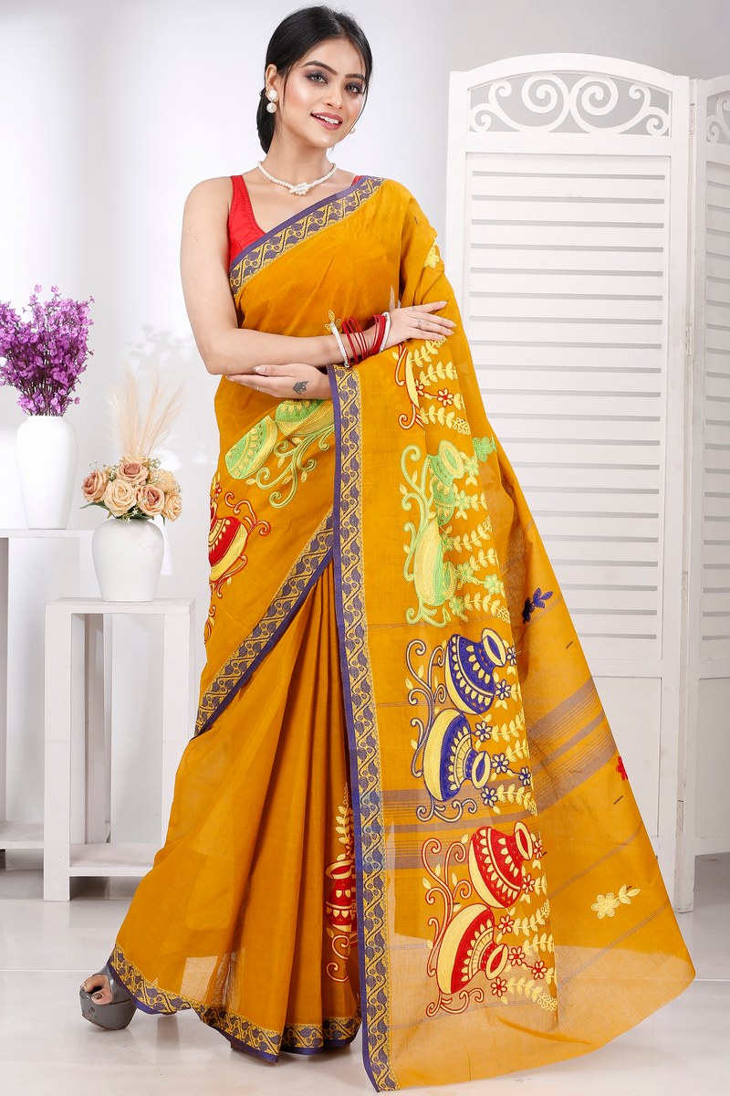 Mustard Yellow Pure Cotton Embi Gaela Ghot Tant Embroidery (1504)