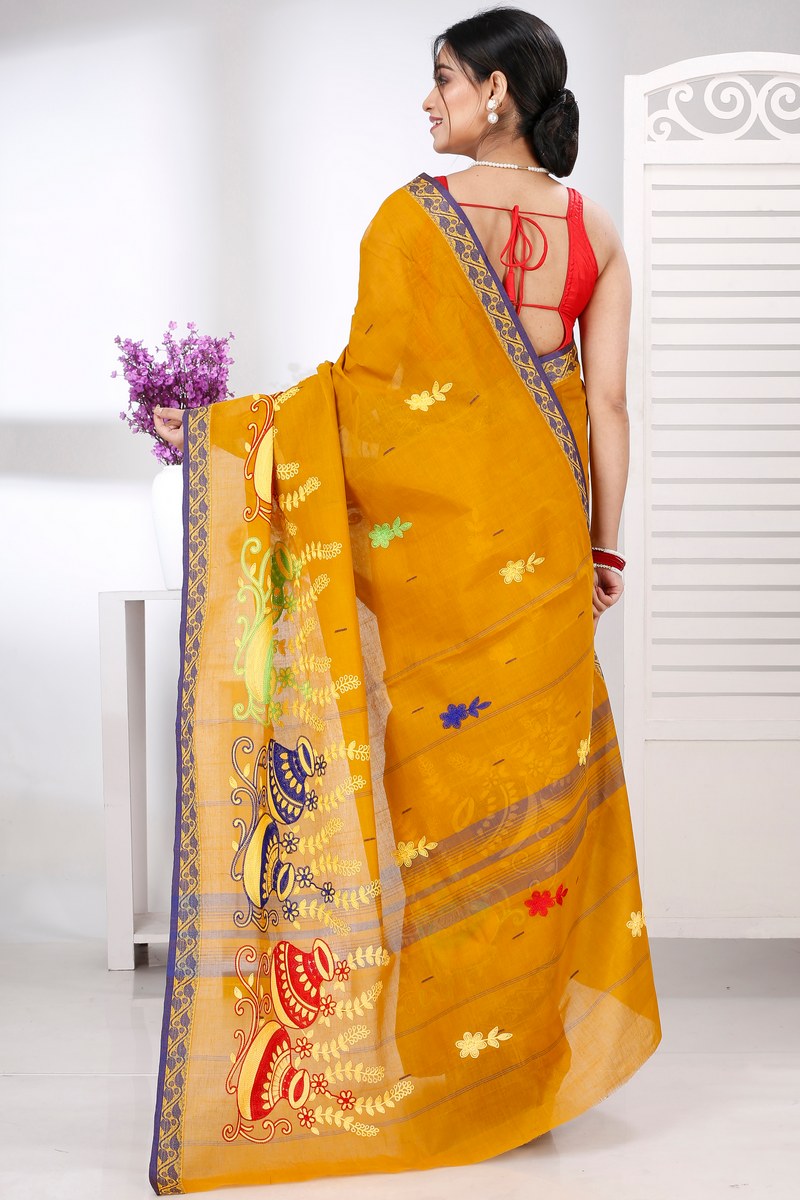 Mustard Yellow Pure Cotton Embi Gaela Ghot Tant Embroidery (1504)