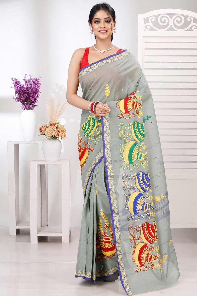 Light Grey Pure Cotton Embi Gaela Ghot Tant Embroidery (1506)