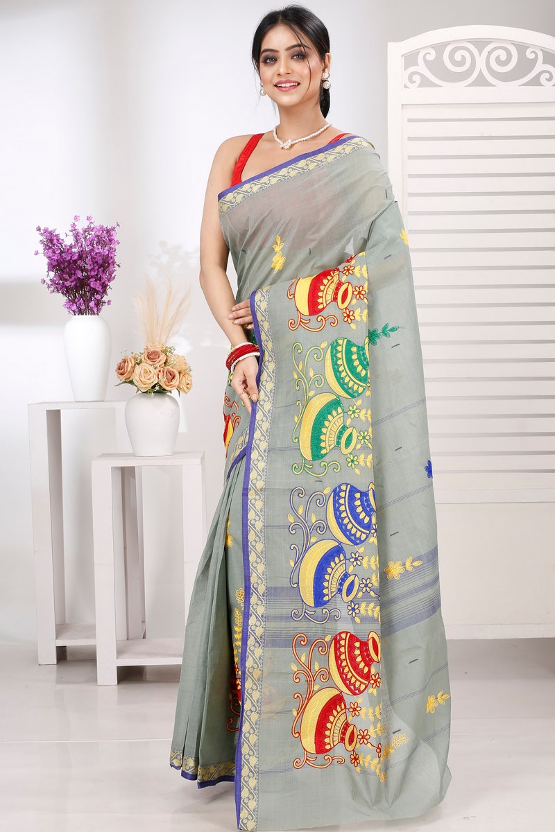 Light Grey Pure Cotton Embi Gaela Ghot Tant Embroidery (1506)