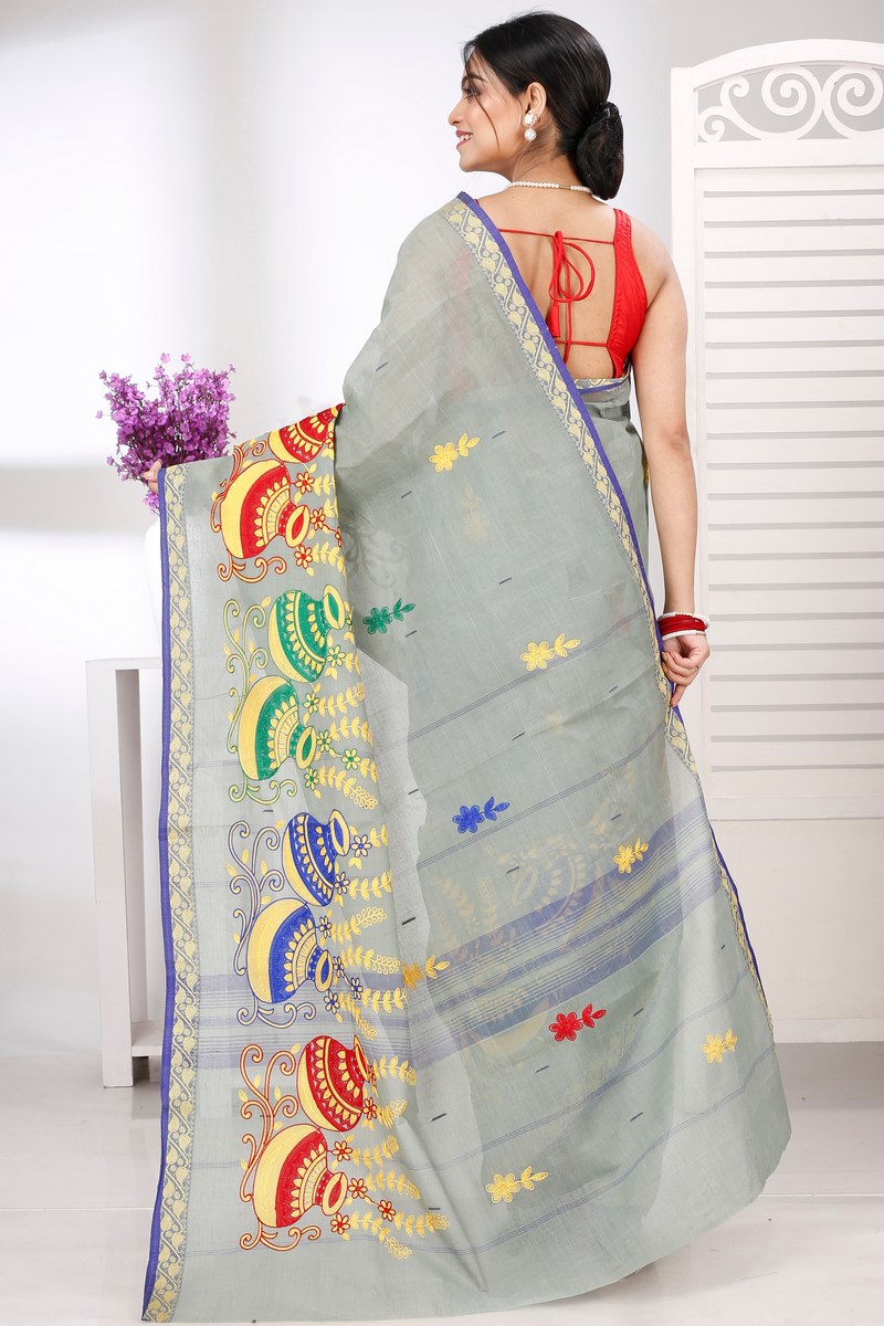Light Grey Pure Cotton Embi Gaela Ghot Tant Embroidery (1506)