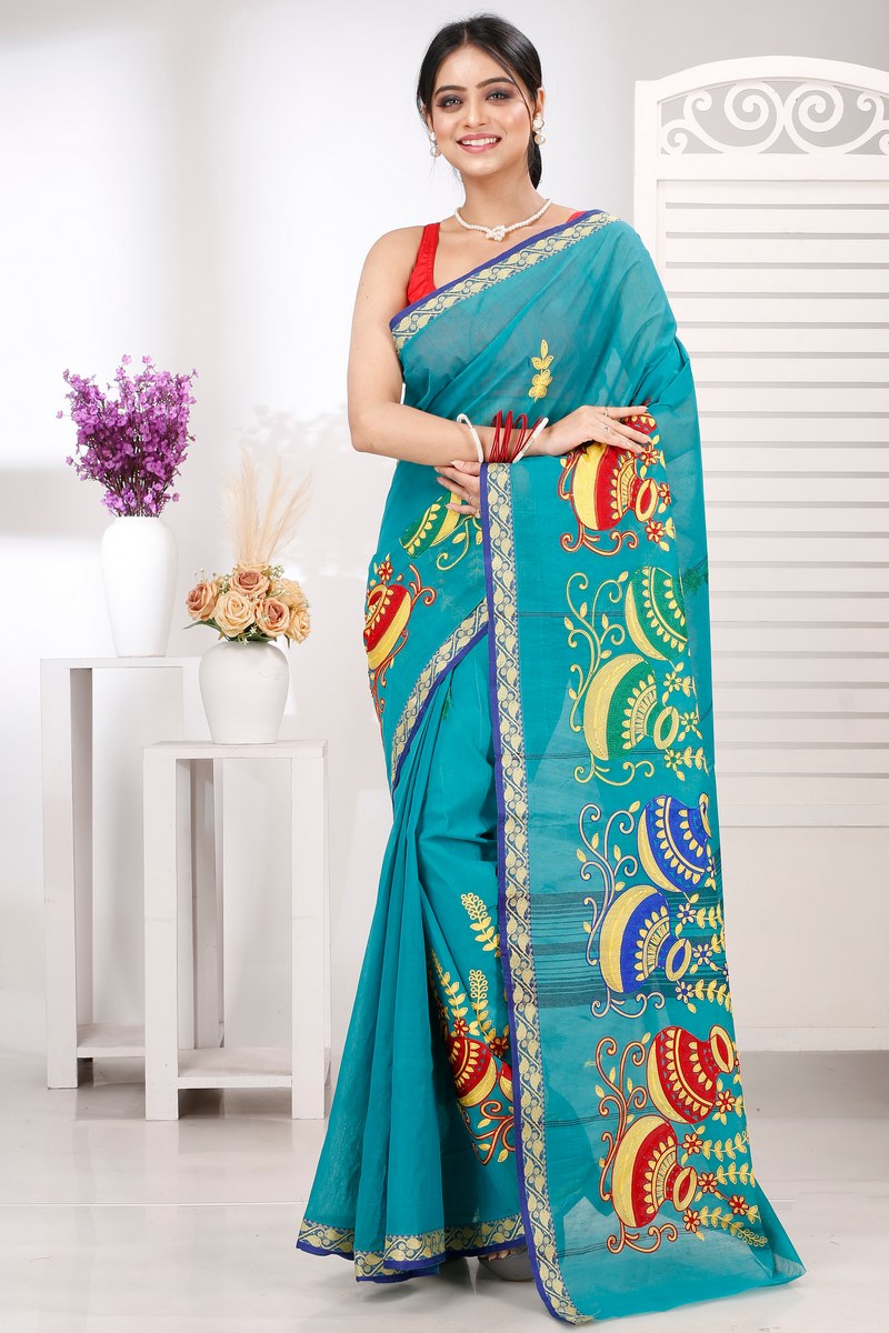 See Green Pure Cotton Embi Gaela Ghot Tant Embroidery (1507)