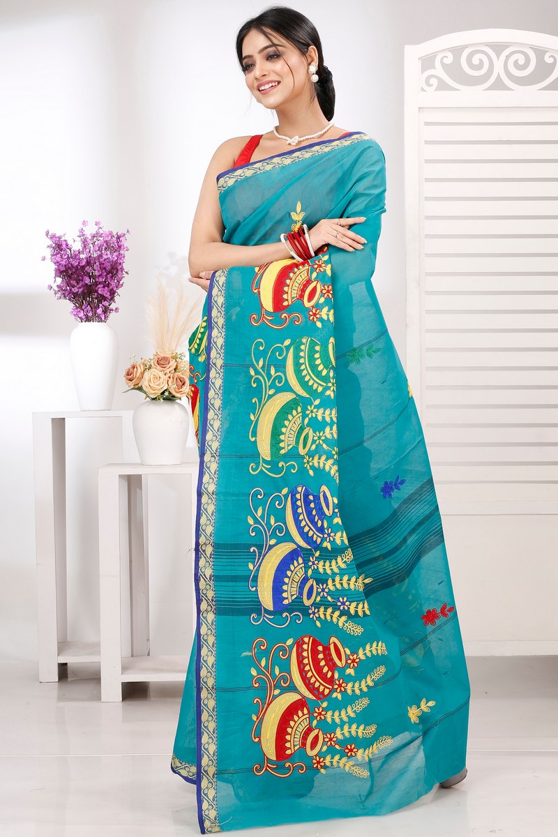 See Green Pure Cotton Embi Gaela Ghot Tant Embroidery (1507)