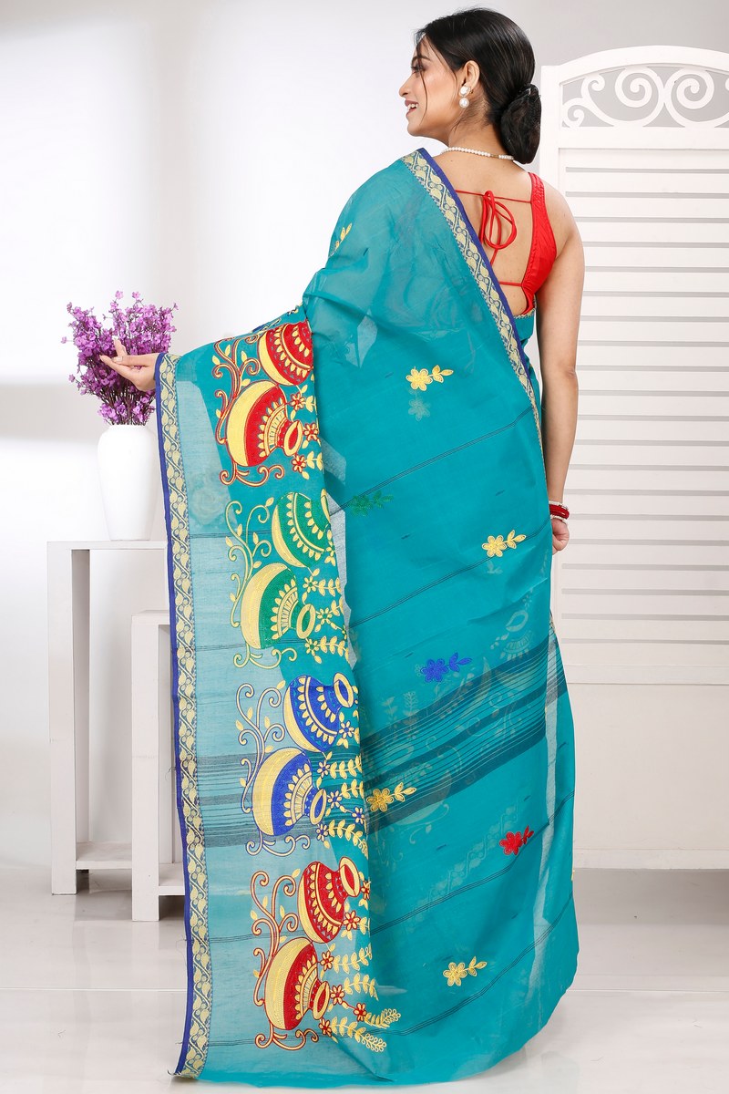 See Green Pure Cotton Embi Gaela Ghot Tant Embroidery (1507)