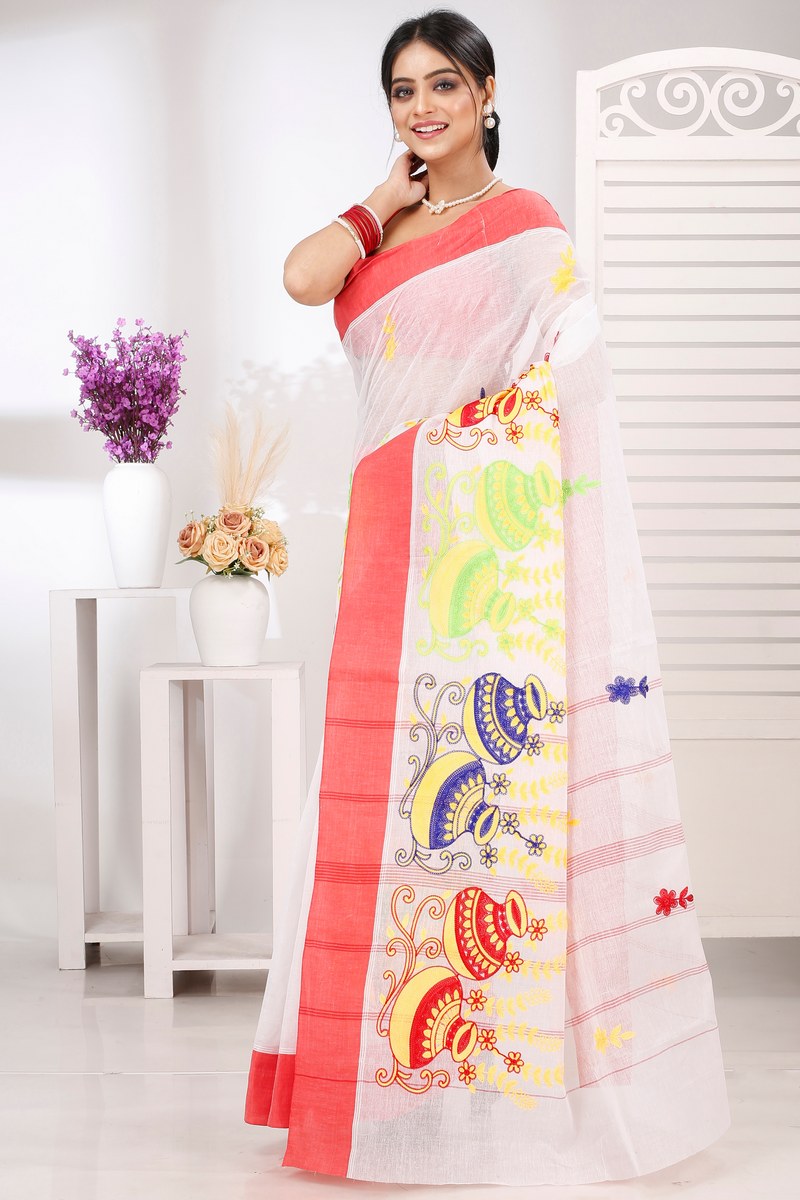 White Red Pure Cotton Embi Elu Ghot Tant Embroidery (1508)