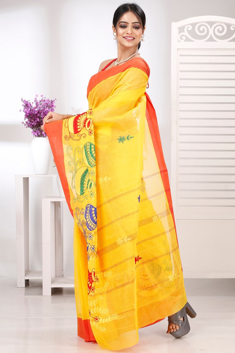 Yellow Red Pure Cotton Embi Elu Ghot Tant Embroidery (1509)