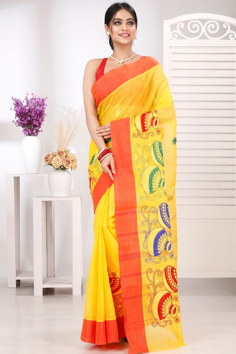 Yellow Red Pure Cotton Embi Elu Ghot Tant Embroidery (1509)