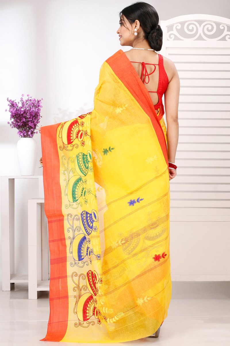 Yellow Red Pure Cotton Embi Elu Ghot Tant Embroidery (1509)