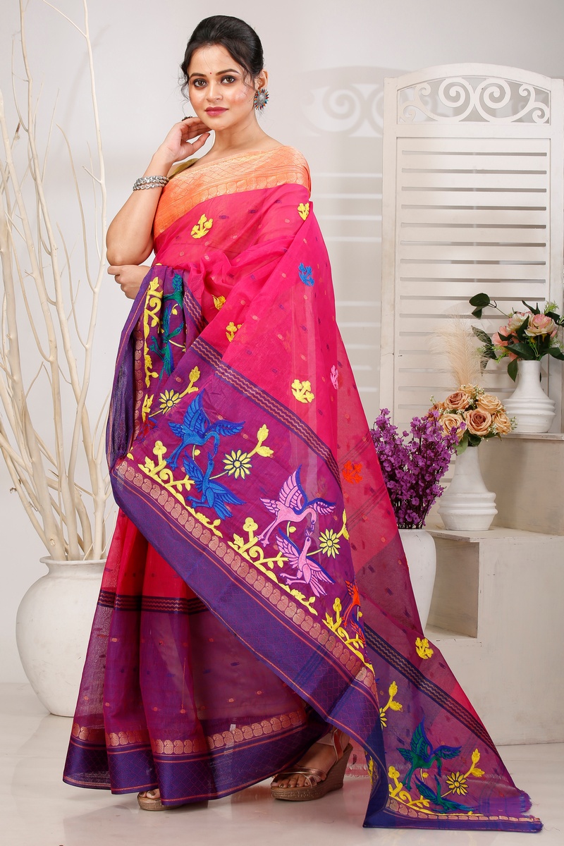 Pink Pure Cotton Embi Ganga Bok Tant Embroidery (1512)