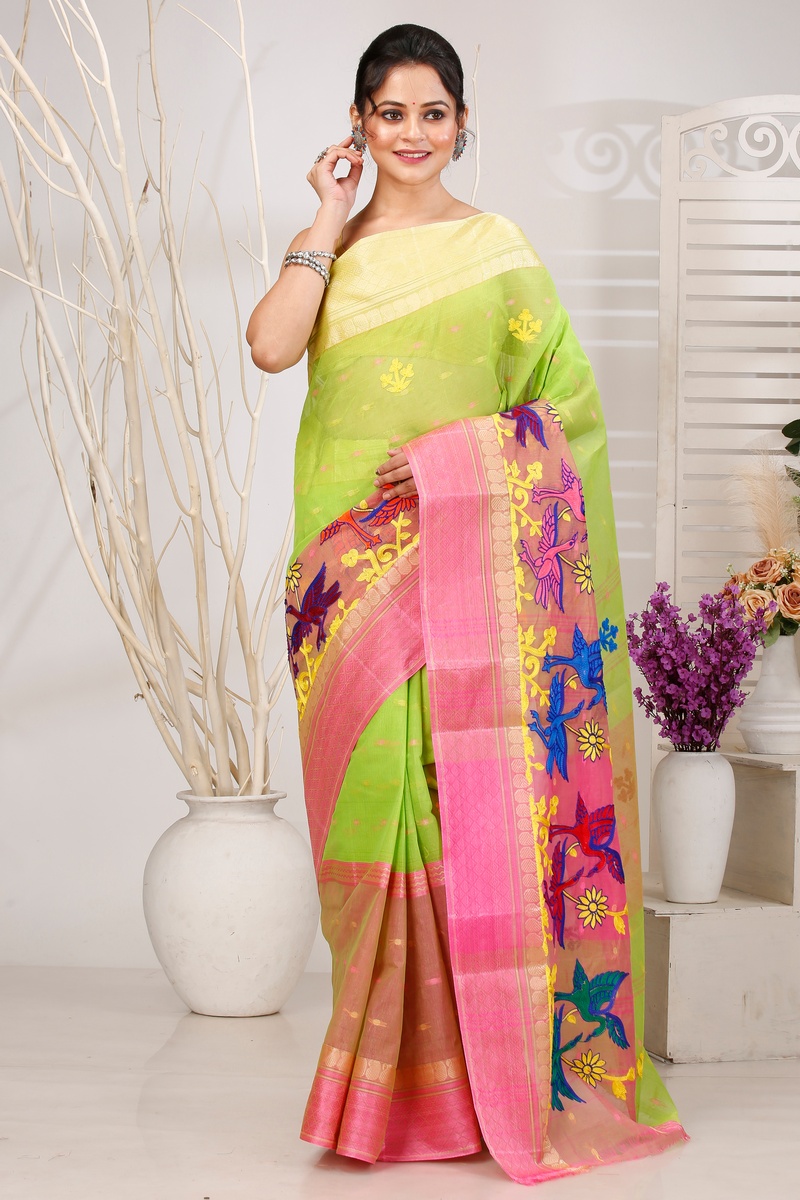 Light Green Pure Cotton Embi Ganga Bok Tant Embroidery (1513)