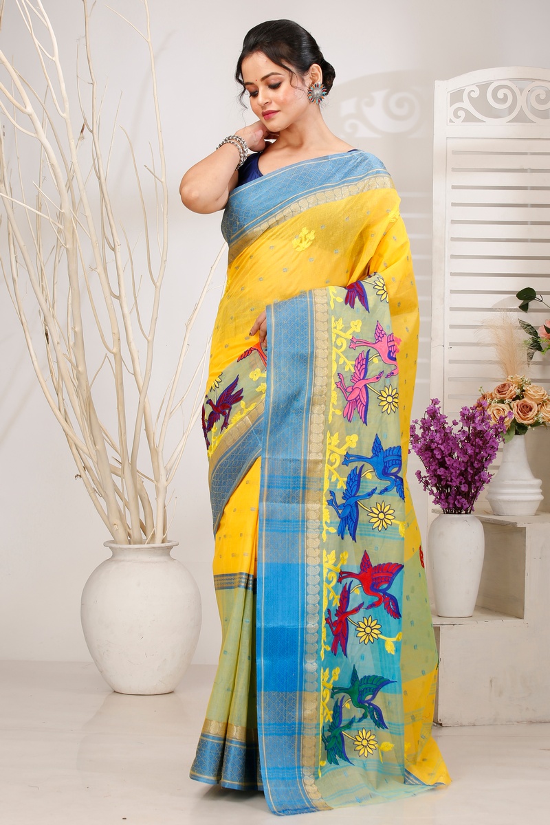 Light Yellow Pure Cotton Embi Ganga Bok Tant Embroidery (1514)