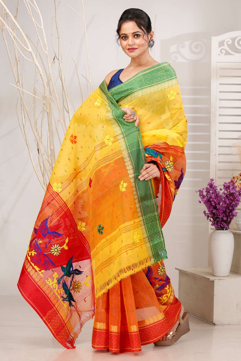 Yellow Red Pure Cotton Embi Ganga Bok Tant Embroidery (1515)