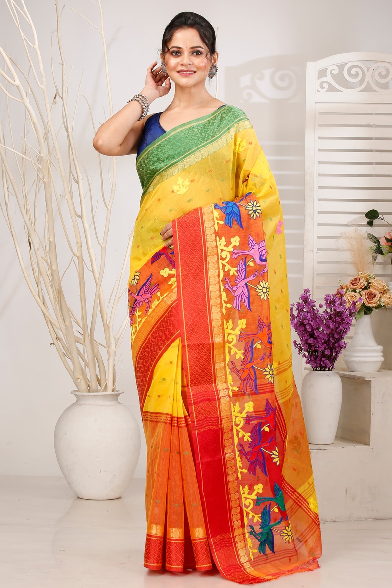 Yellow Red Pure Cotton Embi Ganga Bok Tant Embroidery (1515)