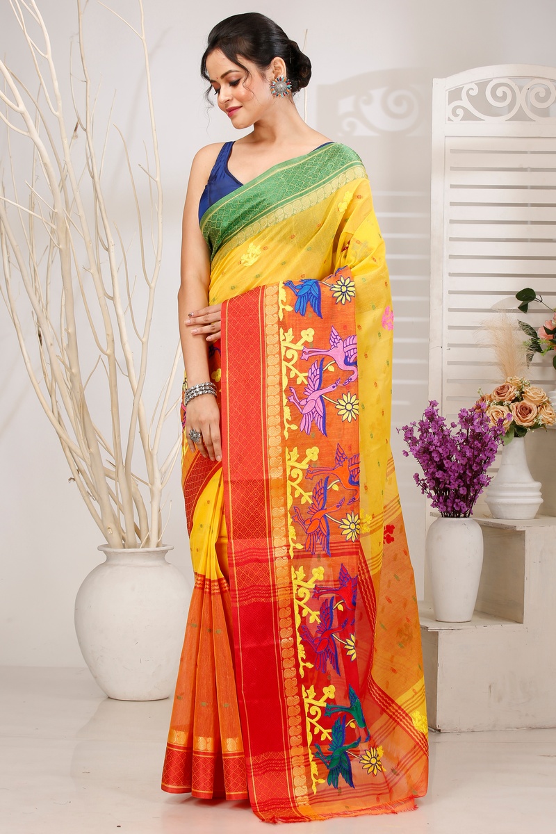 Yellow Red Pure Cotton Embi Ganga Bok Tant Embroidery (1515)