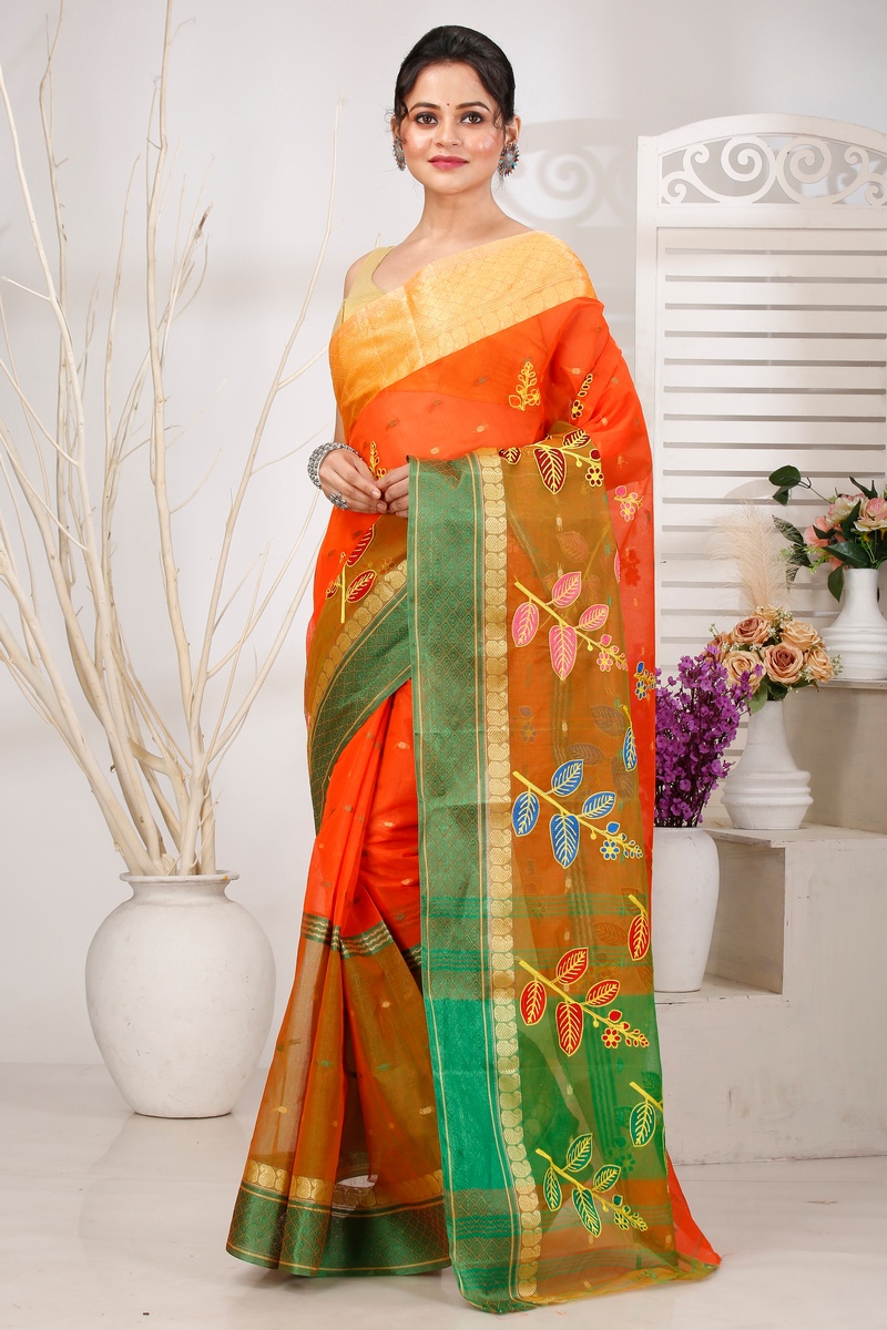 Orange Green Pure Cotton Embi Ganga Pata Tant Embroidery (1516)