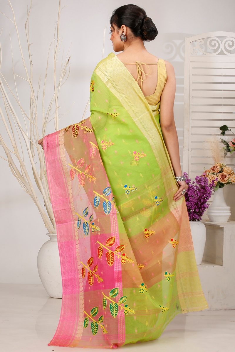 Light Green Pure Cotton Embi Ganga Pata Tant Embroidery (1517)