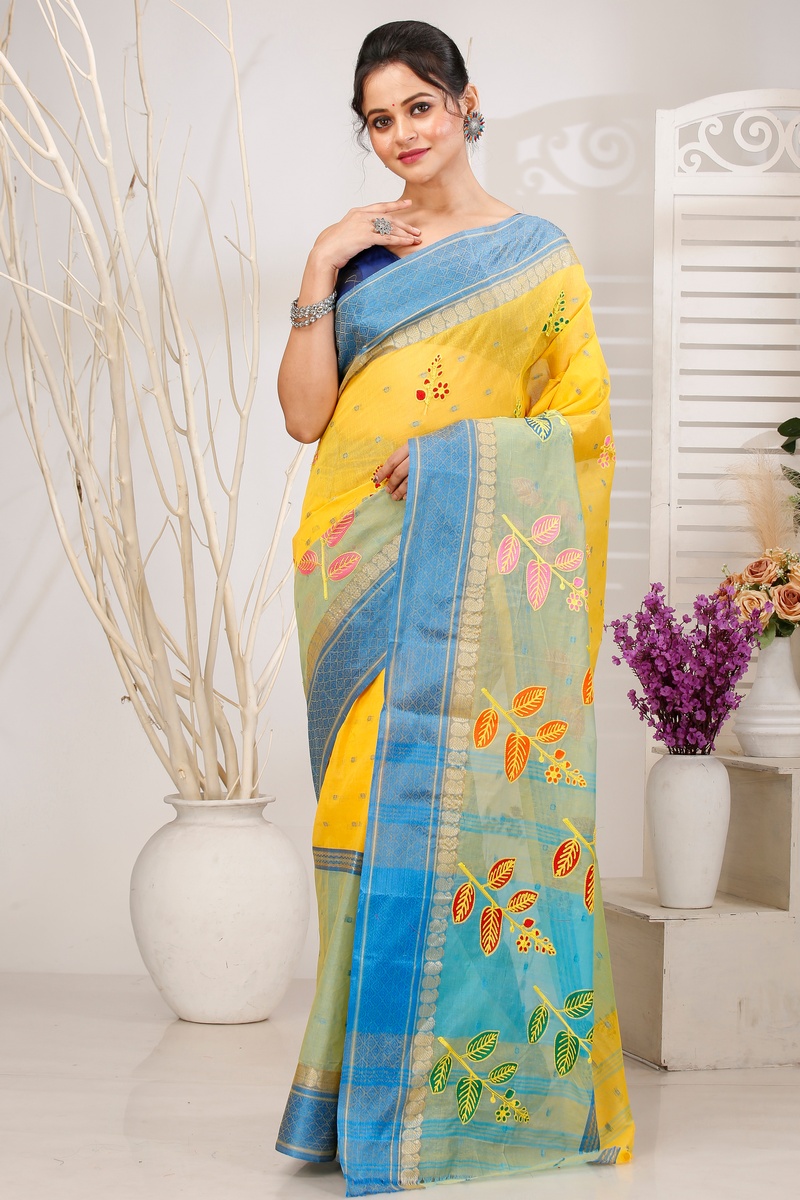Light Yellow Pure Cotton Embi Ganga Pata Tant Embroidery (1518)