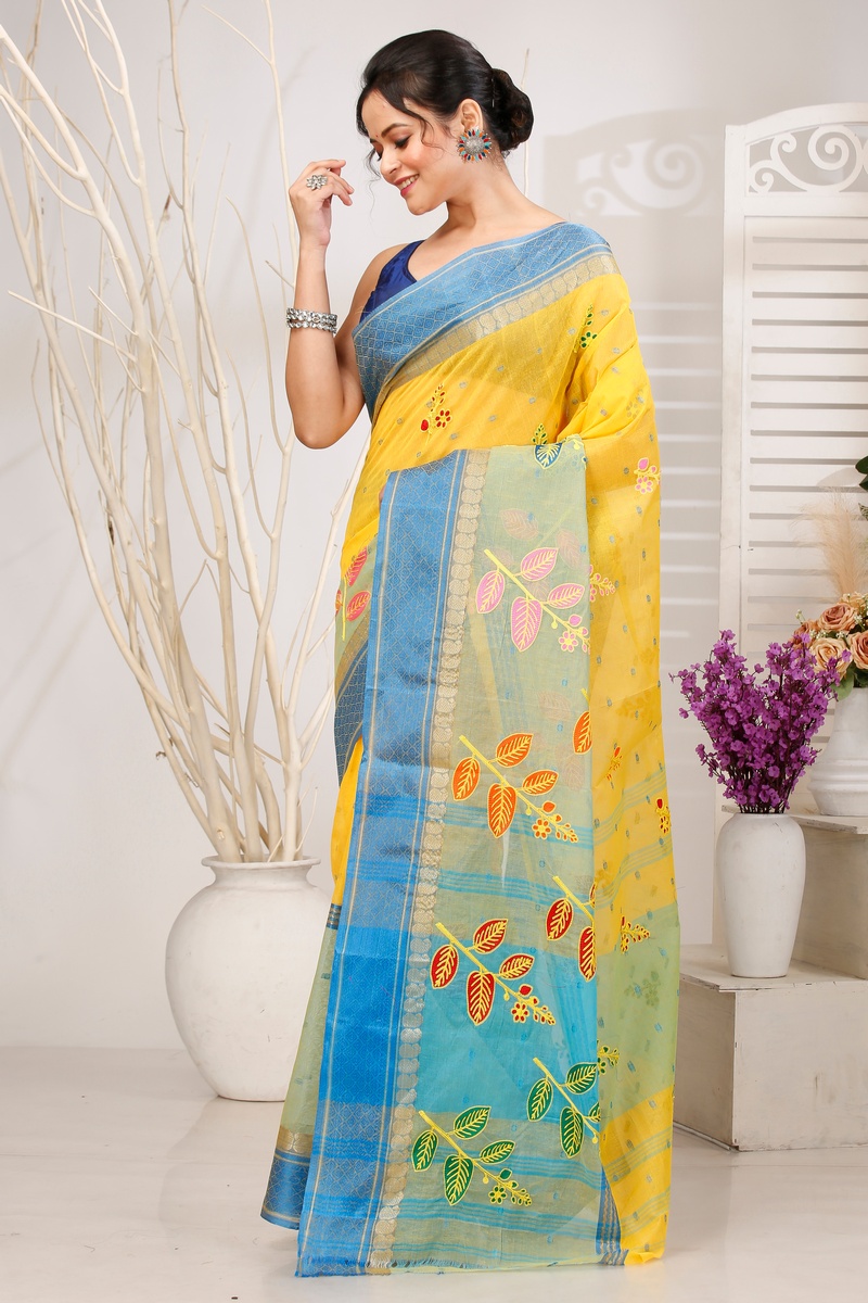 Light Yellow Pure Cotton Embi Ganga Pata Tant Embroidery (1518)