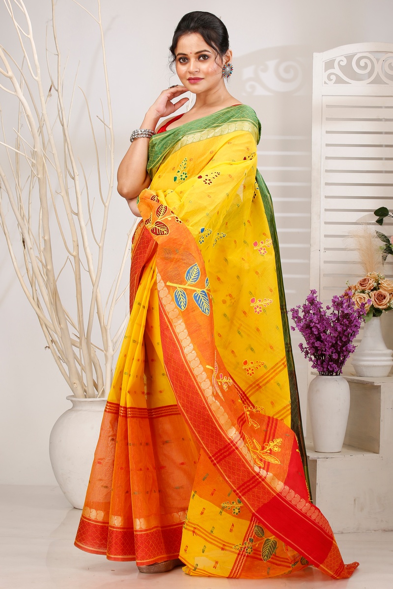 Yellow Red Pure Cotton Embi Ganga Pata Tant Embroidery (1519)