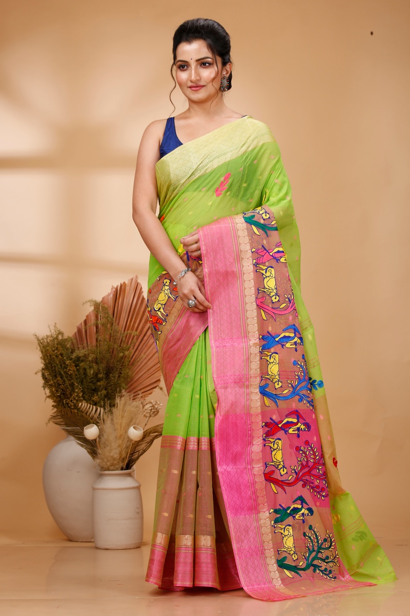 Light Green Pure Cotton Embi Ganga Agri Tant Embroidery (1566)