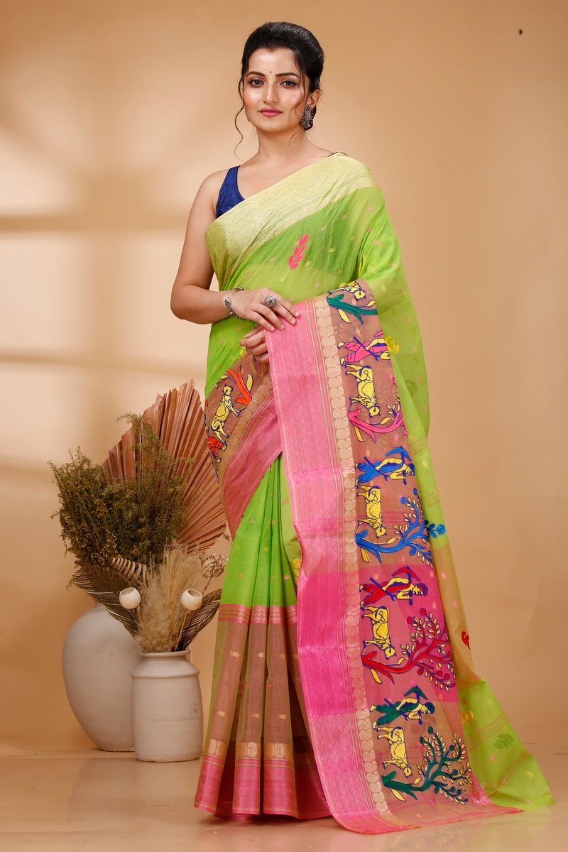 Light Green Pure Cotton Embi Ganga Agri Tant Embroidery (1566)