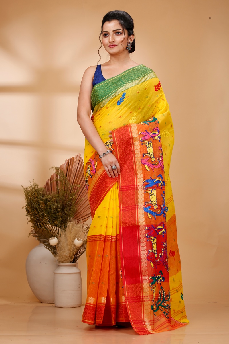 Yellow Red Pure Cotton Embi Ganga Agri Tant Embroidery (1567)