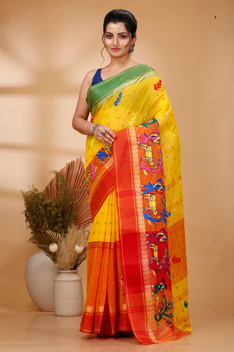 Yellow Red Pure Cotton Embi Ganga Agri Tant Embroidery (1567)