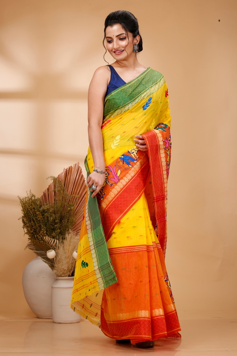 Yellow Red Pure Cotton Embi Ganga Agri Tant Embroidery (1567)